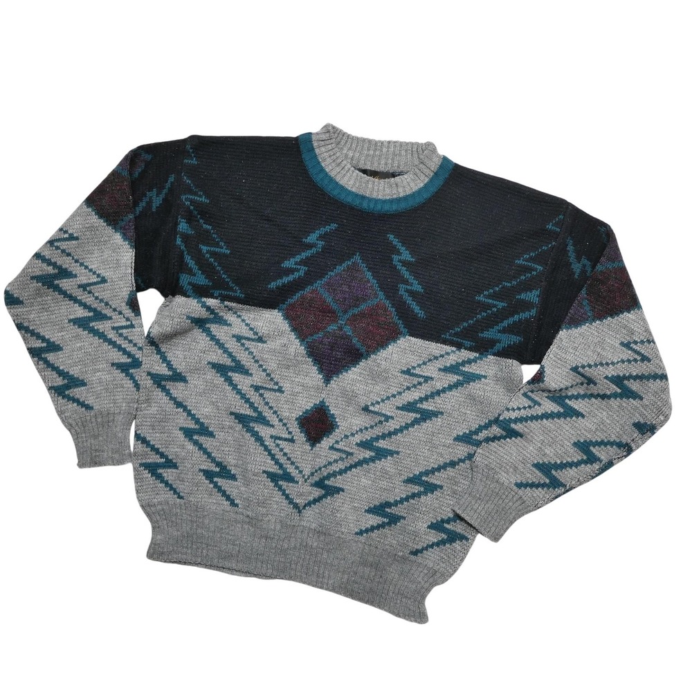 Vintage Michael Gerald Sweater Mens M Gray Geometric Knit Crewneck Pullover